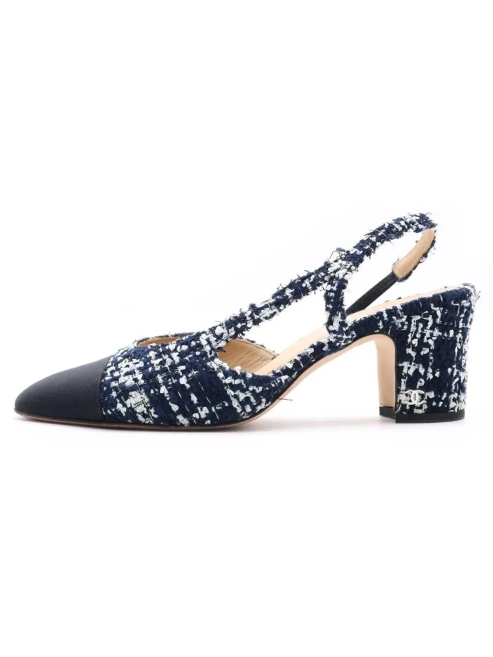 Chanel CC Logo Tweed Sling Back Heels Pumps Shoes Navy